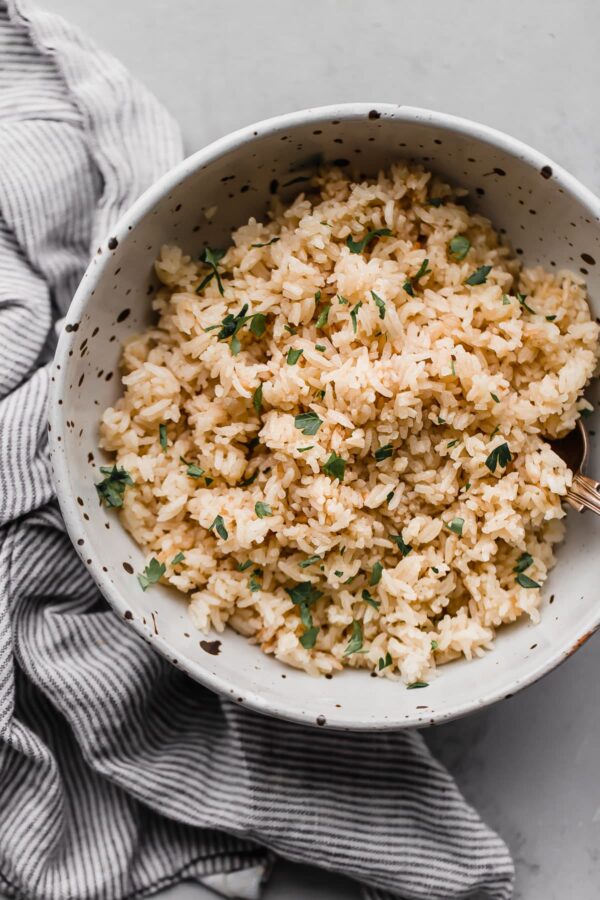 Basmati Rice Pilaf in Speckled Bowl