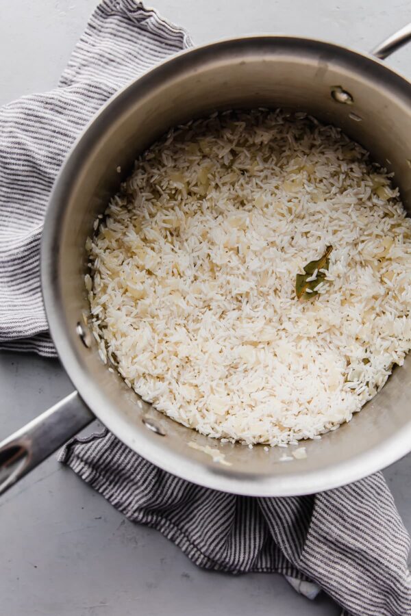 Uncooked Basmati Rice in Stainless Steel Pot