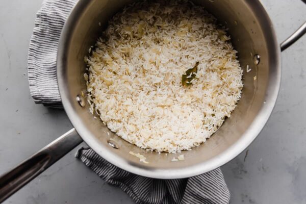 Basmati Rice and Onion Pilaf Ingredients in Pot