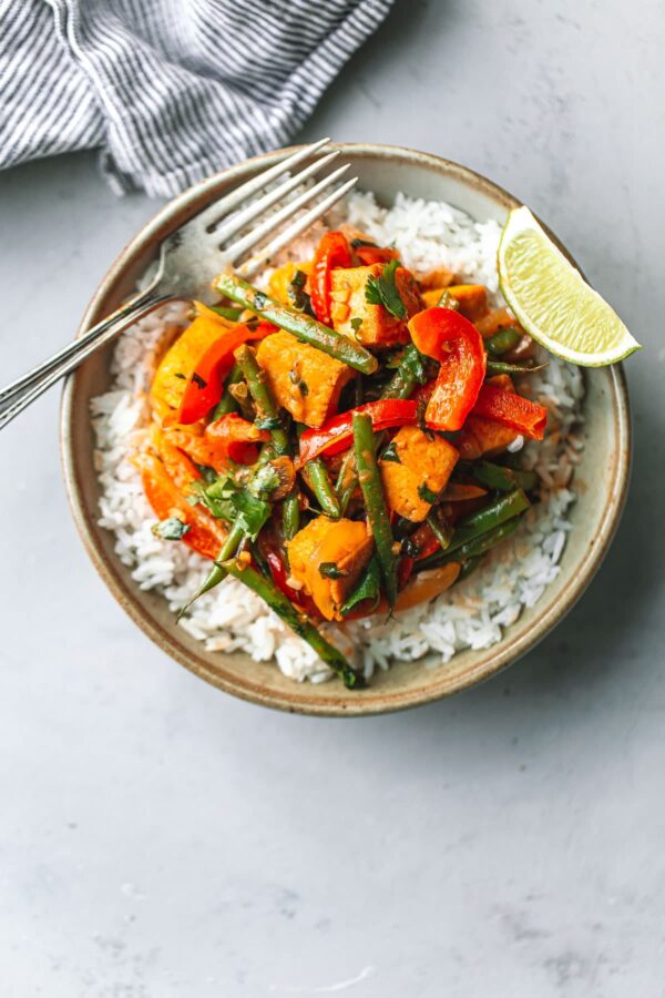 Bowl with Tofu Thai Red Curry and Fork