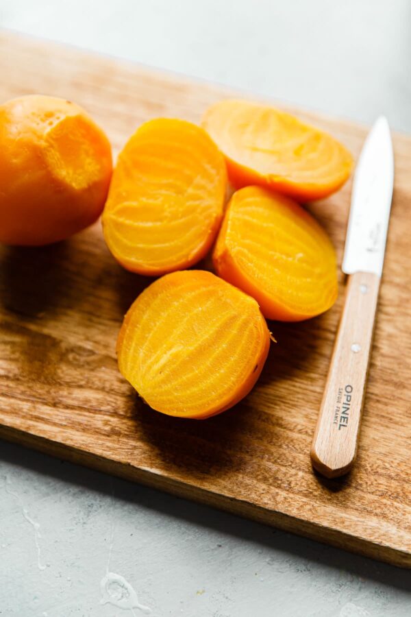 Cooked Yellow Beets on Cutting Board