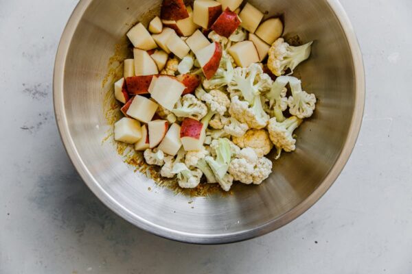 Potatoes and Cauliflower in Spice Mixture in Bowl