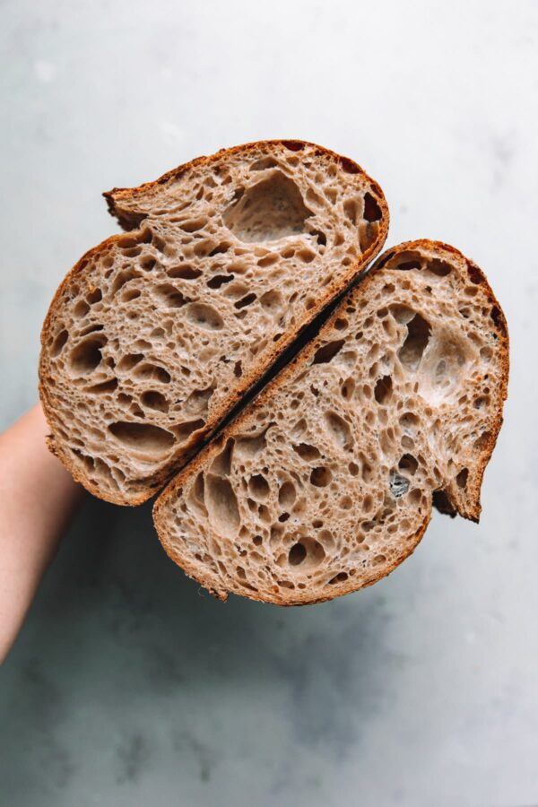 Open Crumb Sourdough Loaf Sliced in Half