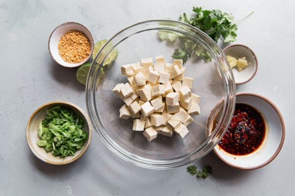 Spicy Tofu Ingredients in Bowls