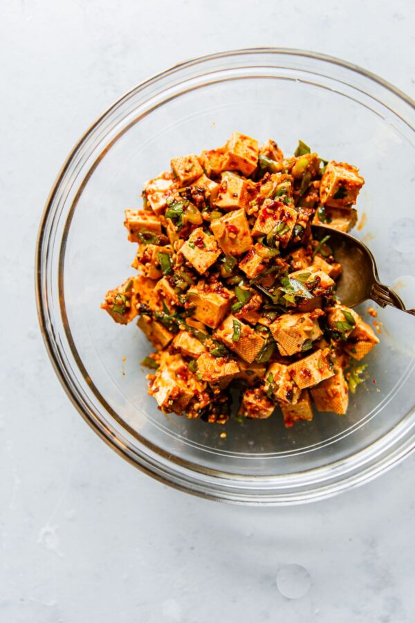 Spicy No Cook Tofu in Glass Bowl