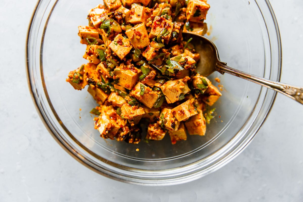 Spicy No Cook Tofu in Glass Bowl