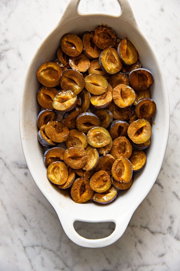 Sliced Plums in Baking Dish