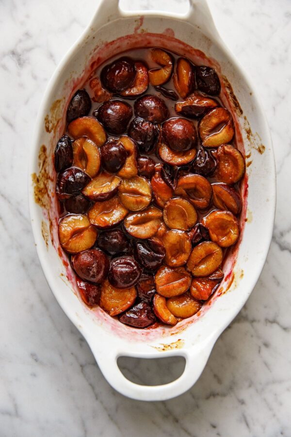 Roasted Plum Compote in Baking Dish