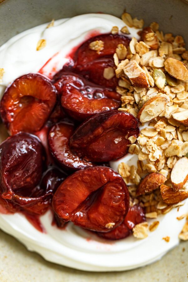 Roasted Plum Compote on Yogurt with Granola