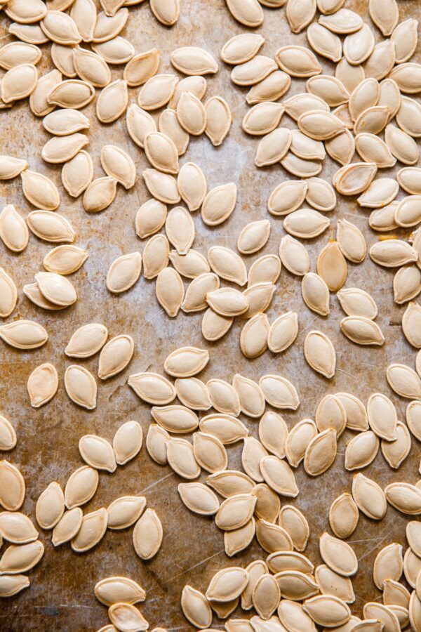 Fresh Clean Pumpkin Seeds on Baking Sheet