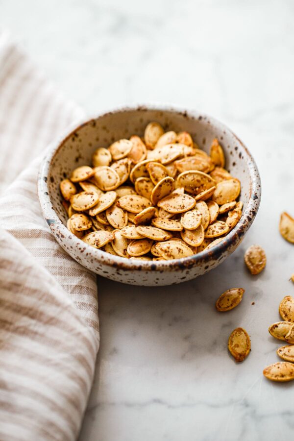 Za'atar Roasted Pumpkin Seeds in Small Ceramic Bowl