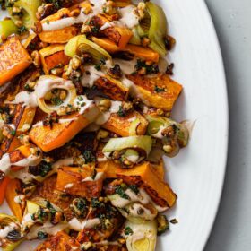 Roasted Butternut Squash and Leeks with Orange Tahini and Za'atar Walnut Crumble