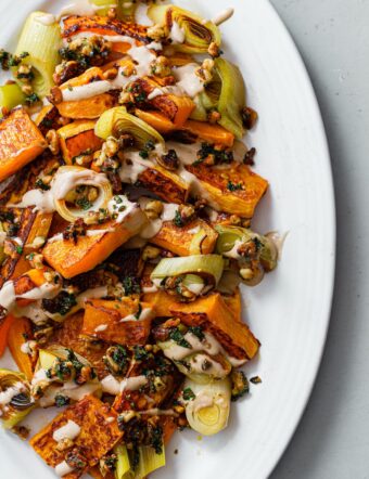 Roasted Butternut Squash and Leeks with Orange Tahini and Za'atar Walnut Crumble