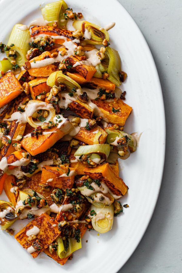 Roasted Butternut Squash and Leeks with Orange Tahini and Za'atar Walnut Crumble