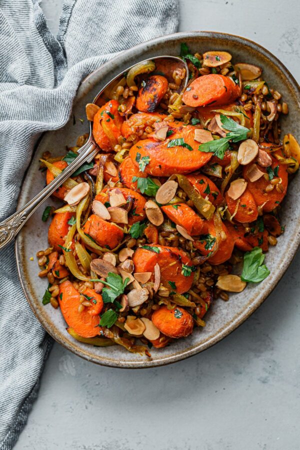 Golden Carrots and Farro Salad on Platter