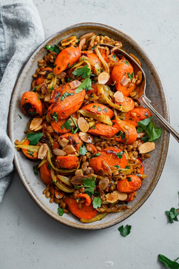 Golden Carrots and Farro Salad on Platter