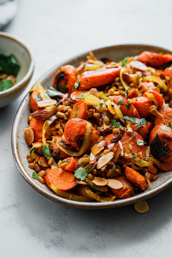 Golden Carrots and Farro Salad on Platter