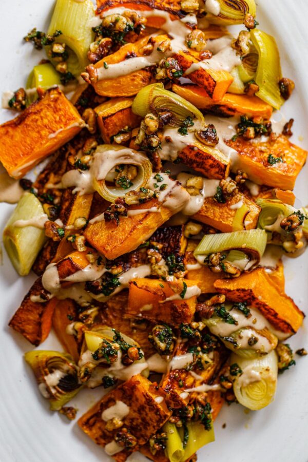 Roasted Butternut Squash and Leeks with Orange Tahini and Za'atar Walnut Crumble