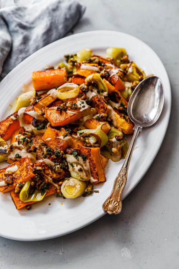 Roasted Butternut Squash and Leeks with Orange Tahini and Za'atar Walnut Crumble