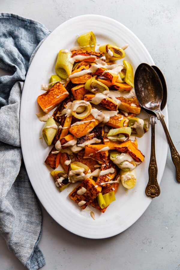 Roasted Butternut Squash and Leeks with Orange Tahini Sauce