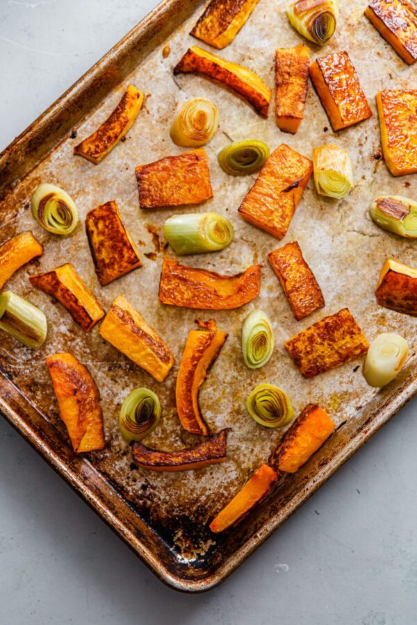 Roasted Butternut Squash and Leek on Half Sheet Pan