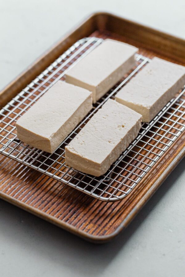 Tofu on Rack in Baking Sheet 