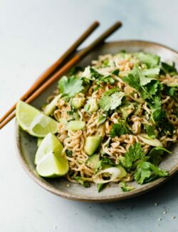 Spicy Peanut Noodles on Plate with Chopsticks