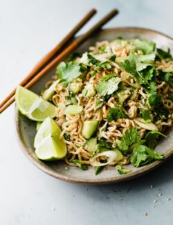 Spicy Peanut Noodles on Plate with Chopsticks