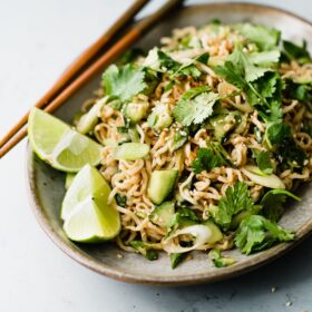 Spicy Peanut Noodles on Plate with Chopsticks