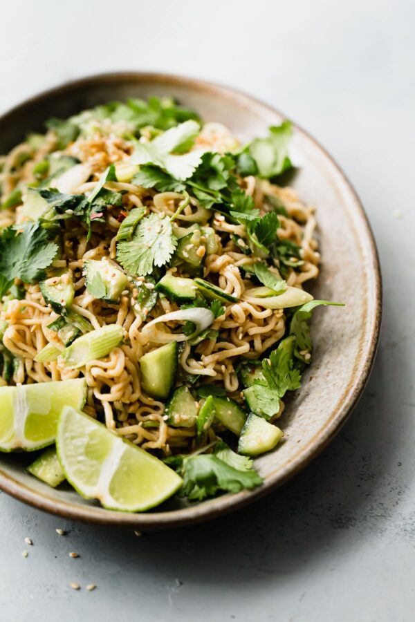 Spicy Peanut Noodles on Plate with Chopsticks