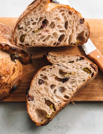 Olive Sourdough Bread Sliced in Half