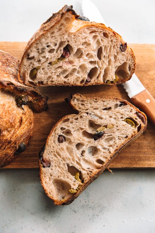 Olive Sourdough Bread Sliced in Half