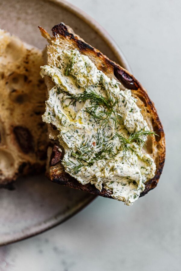 Garlicky Dill Goat Cheese Spread on Toasted Sourdough