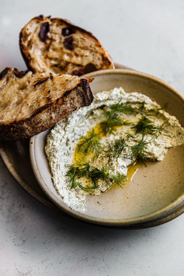 Garlicky Herbed Goat Cheese Spread with Grilled Sourdough Bread