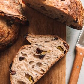 Olive Sourdough Bread Sliced in Half