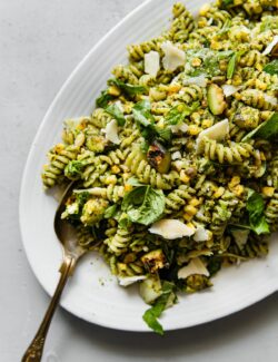 Pistachio Pesto Pasta with Grilled Corn and Zucchini