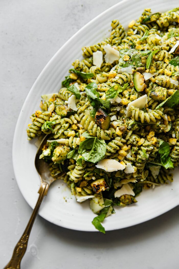 Pistachio Pesto Pasta with Grilled Corn and Zucchini