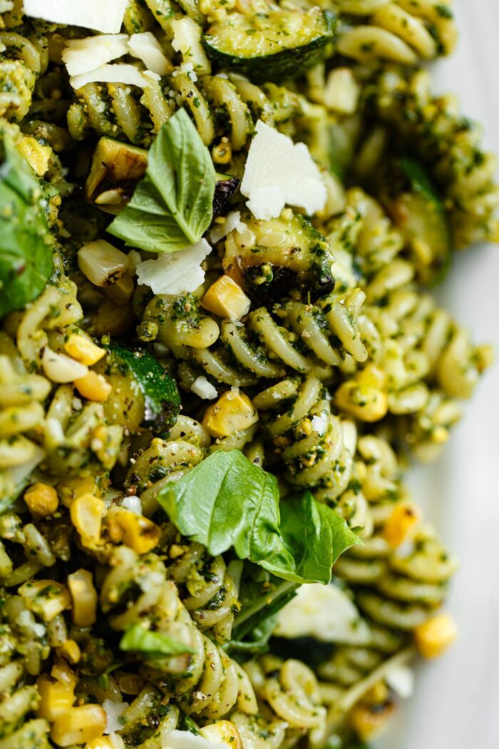 Pistachio Pesto Pasta with Grilled Corn and Zucchini