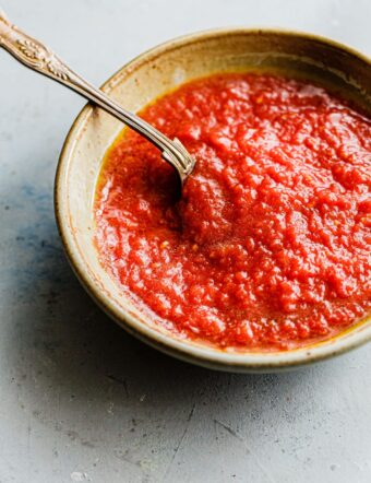 Homemade Pizza Sauce in Bowl with Spoon