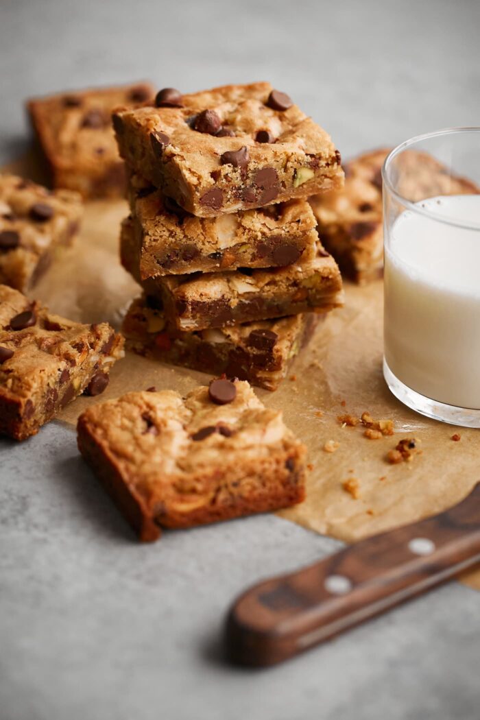 Stack of Blondies with Glass of Milk