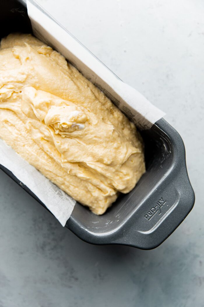 Lemon Loaf Cake Batter in Loaf Pan