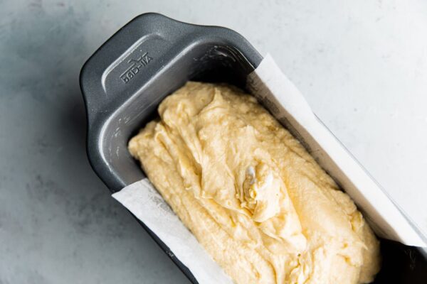 Lemon Loaf Batter in Lined Loaf Pan