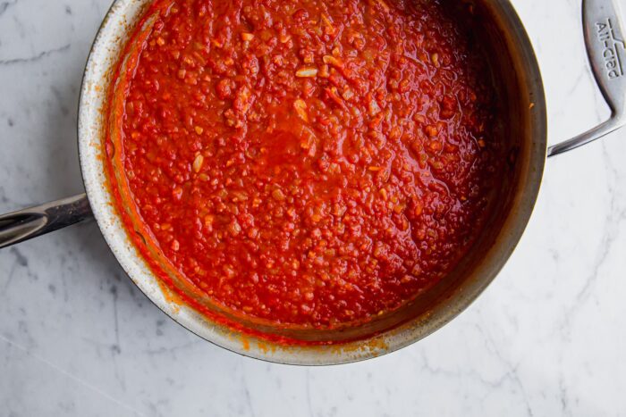 amatriciana sauce in skillet