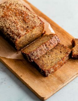 Sliced Banana Bread Loaf on Cutting Board