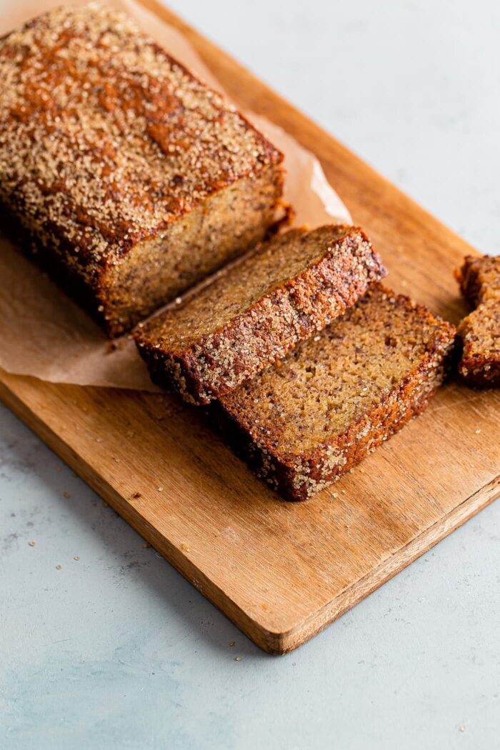 Sliced Banana Bread Loaf on Cutting Board