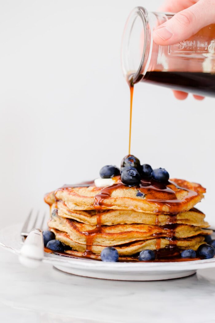 Blueberry Rye Pancakes with Syrup
