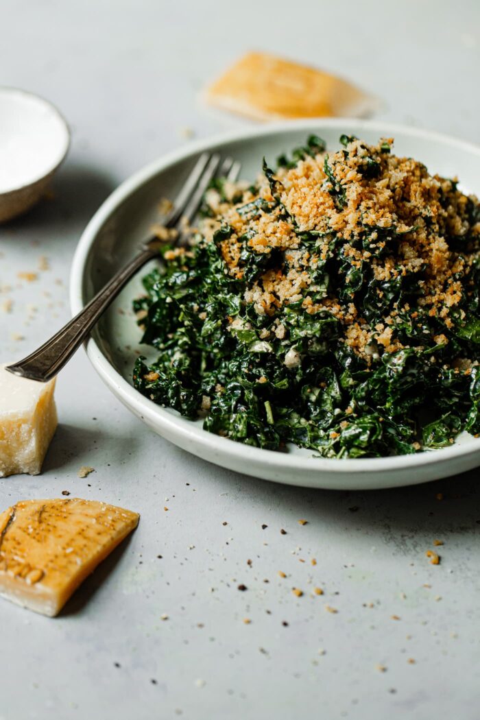 Kale Caesar salad with Crispy Bread Crumb Topping