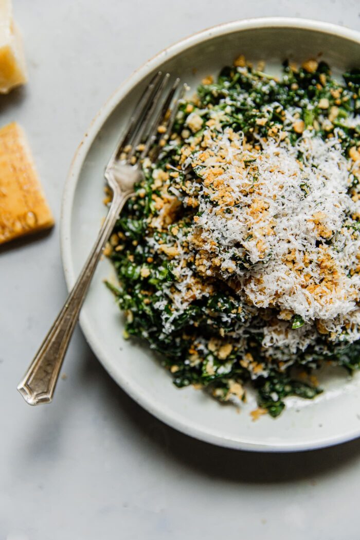 Kale Caesar salad with Crispy Bread Crumbs and Parmesan