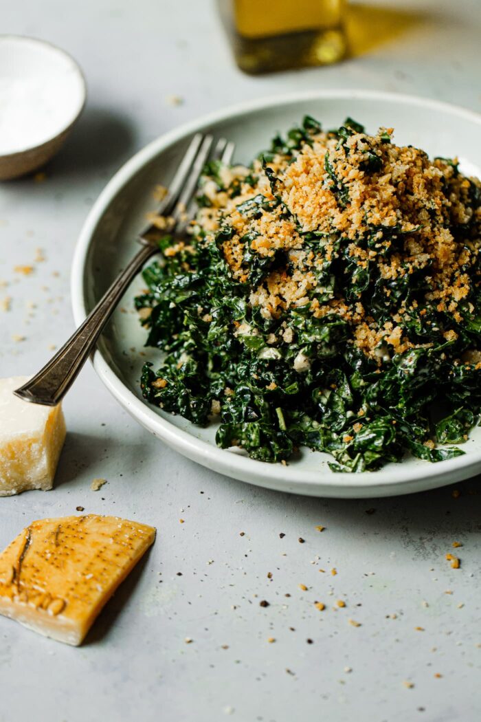 Kale Caesar Salad Topped with Crispy Breadcrumbs