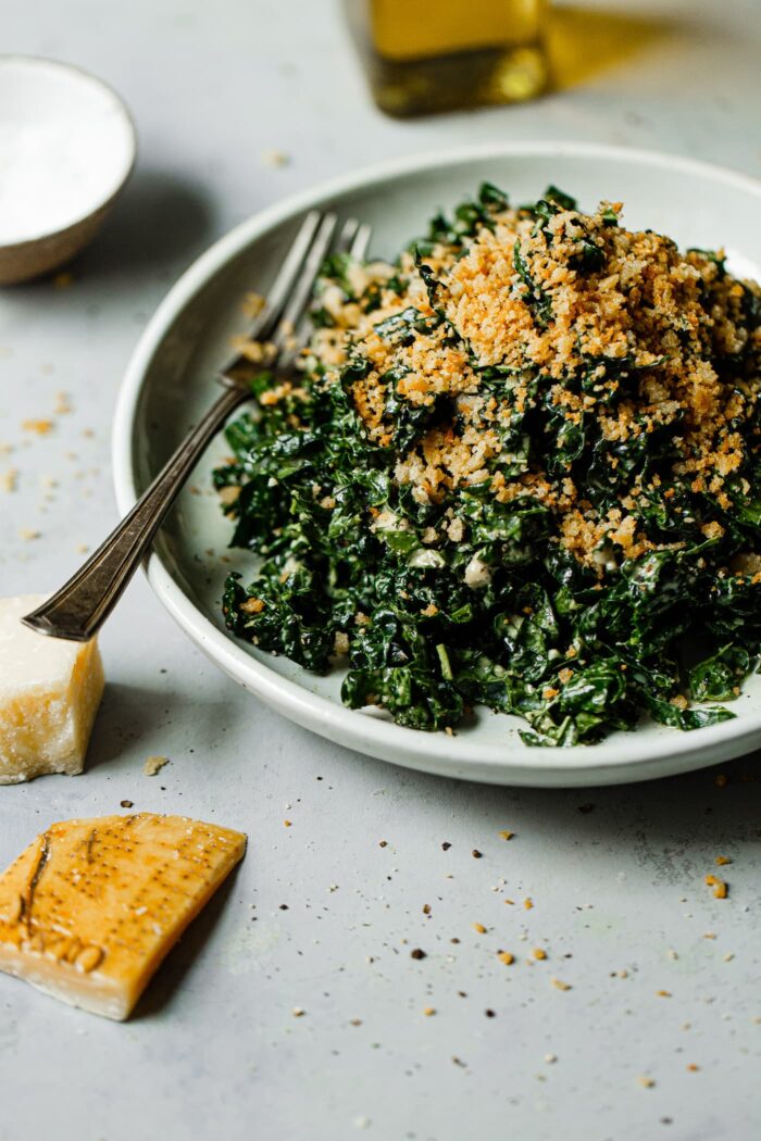 Kale Caesar Salad Topped with Crispy Breadcrumbs 